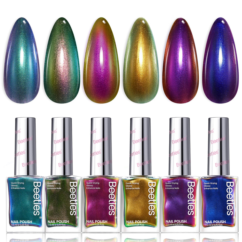 Beetles Chrome Nail Polish Ember Glow bottle showcases holographic shimmer for autumn looks.