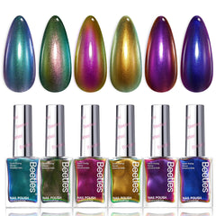 Beetles Chrome Nail Polish Ember Glow bottle showcases holographic shimmer for autumn looks.