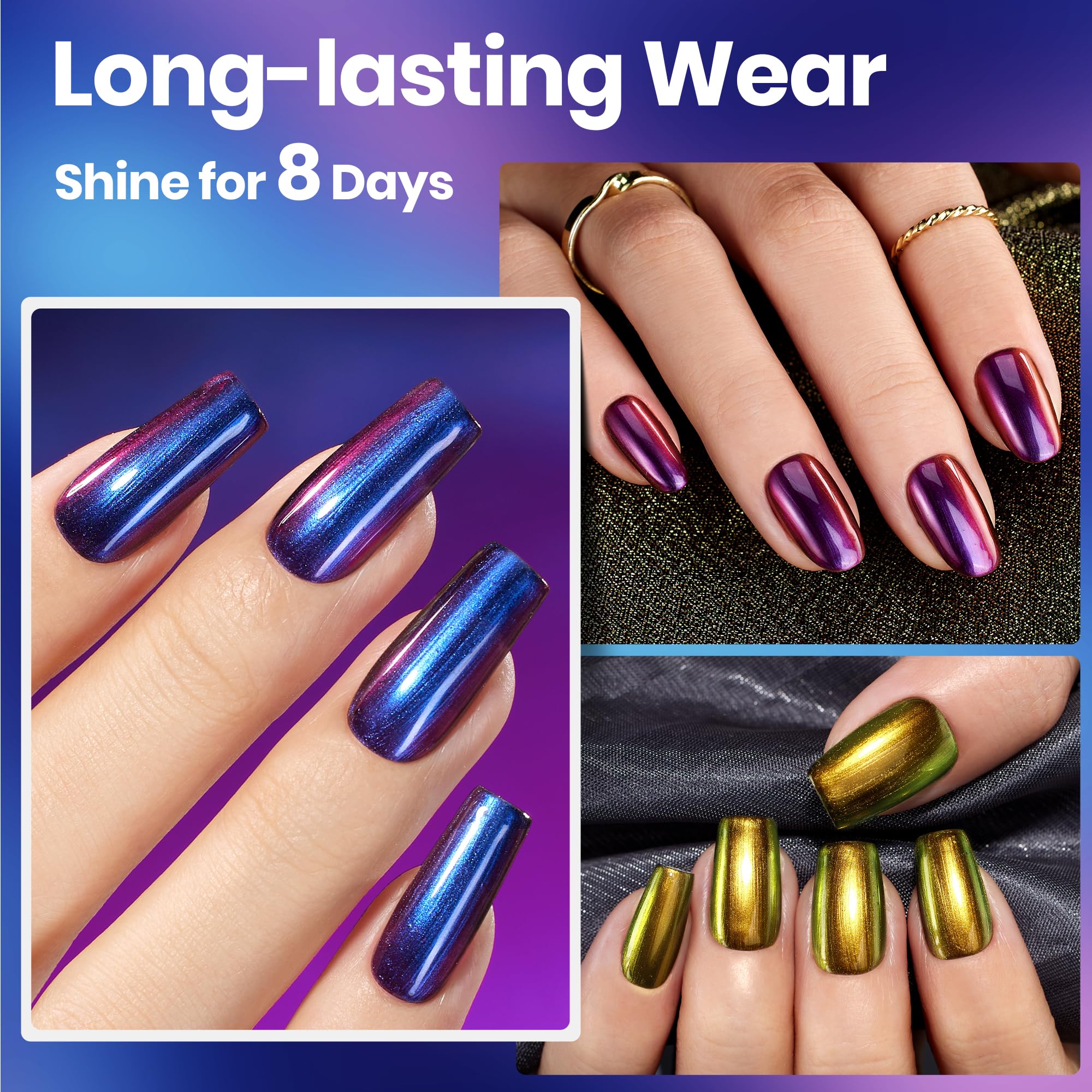 Beetles Chrome Nail Polish Closeup shows vibrant color payoff on nails.