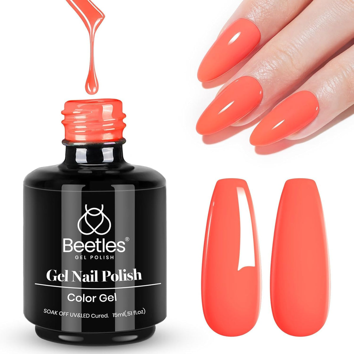 Beetles Coral Orange gel polish bottle shows vibrant spring color with long-lasting shine.