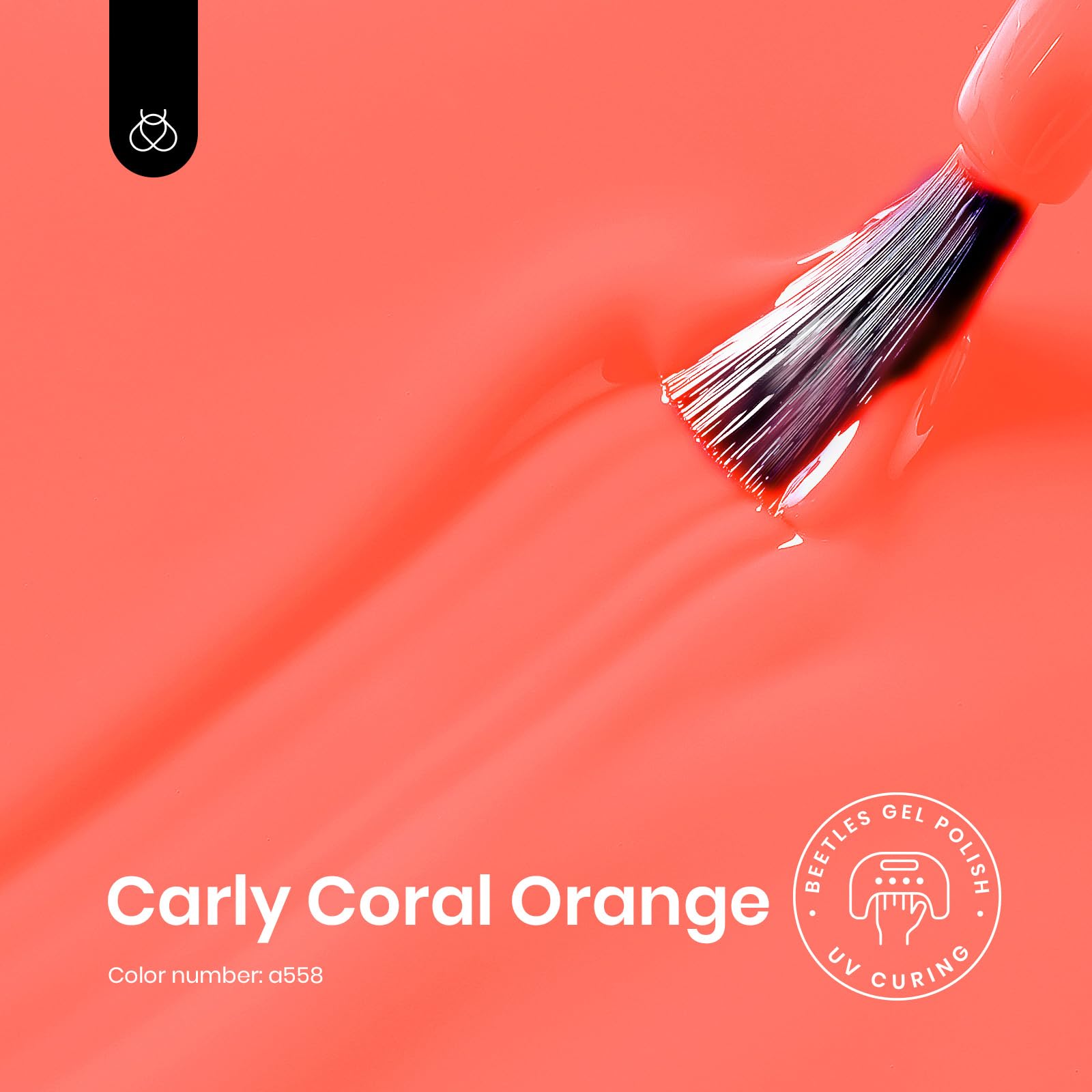 Beetles Coral Orange gel polish cap closeup highlights smooth, streak-free finish.