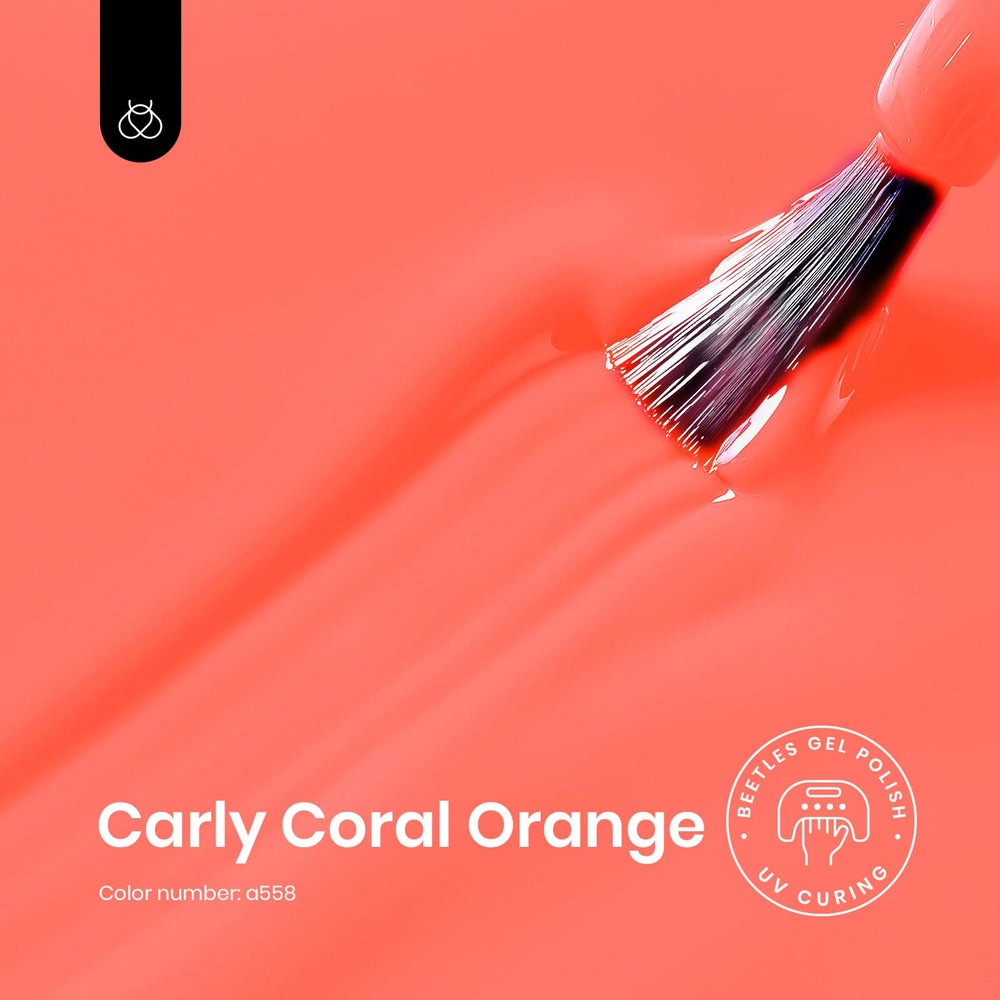 Beetles Coral Orange gel polish cap closeup highlights smooth, streak-free finish.
