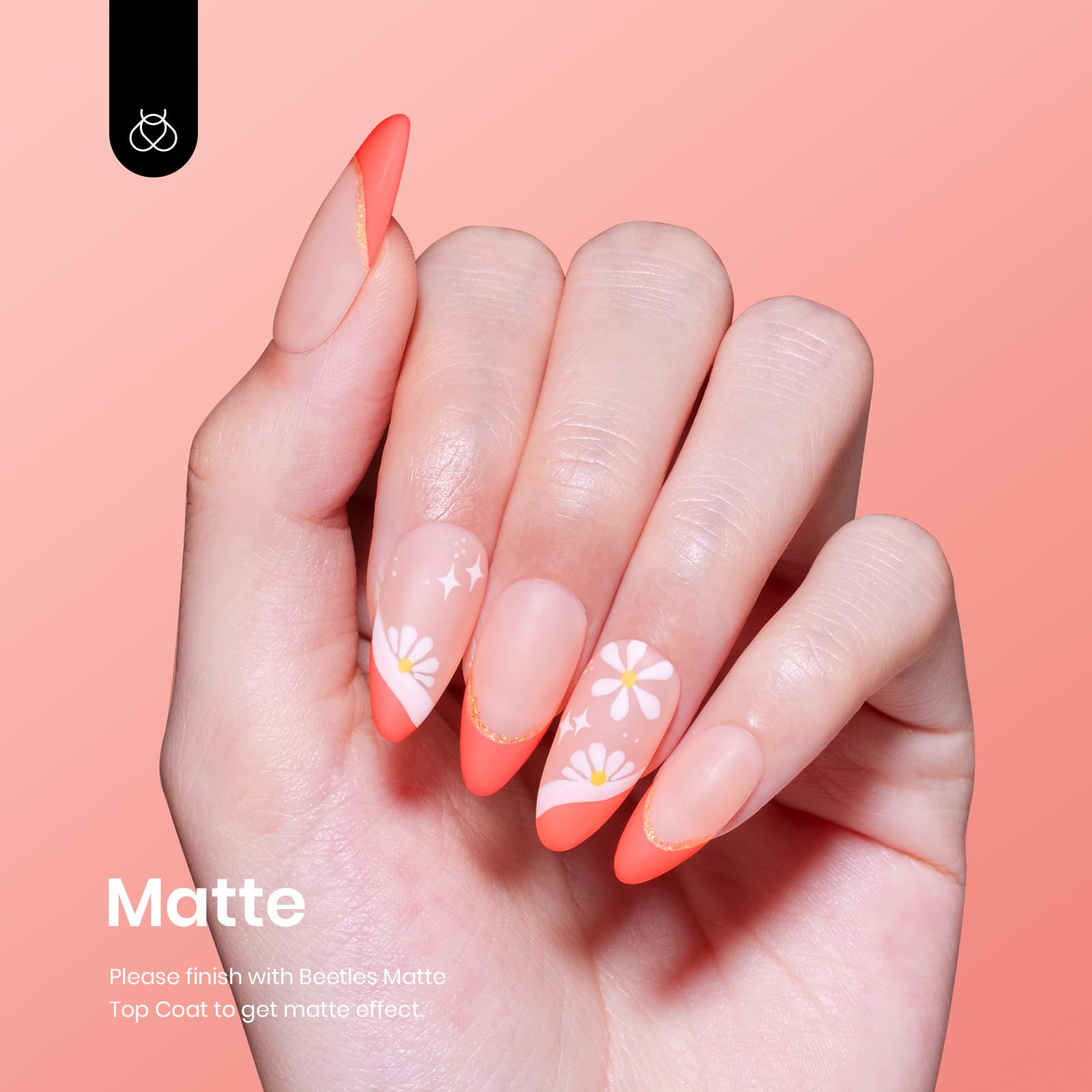 Beetles Coral Orange gel polish nails demonstrate easy, self-leveling application.