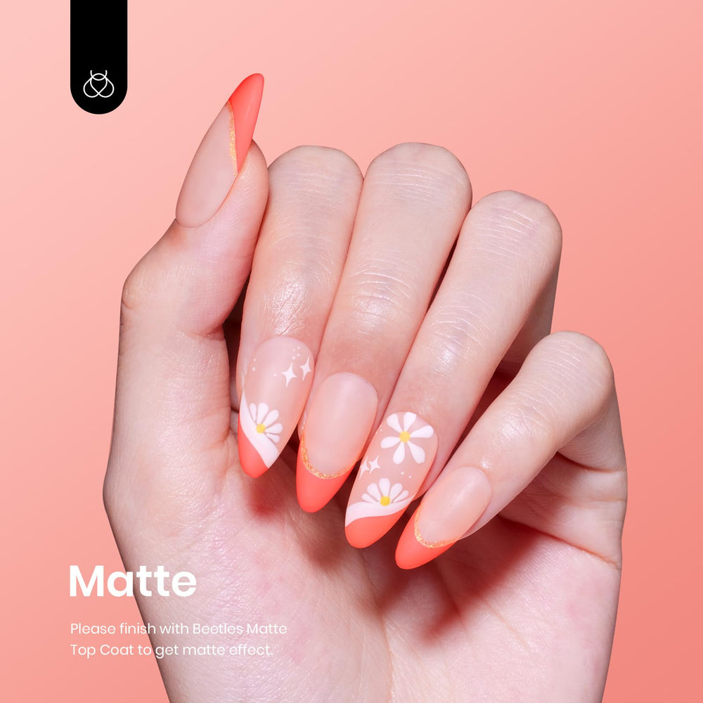 Beetles Coral Orange gel polish nails demonstrate easy, self-leveling application.