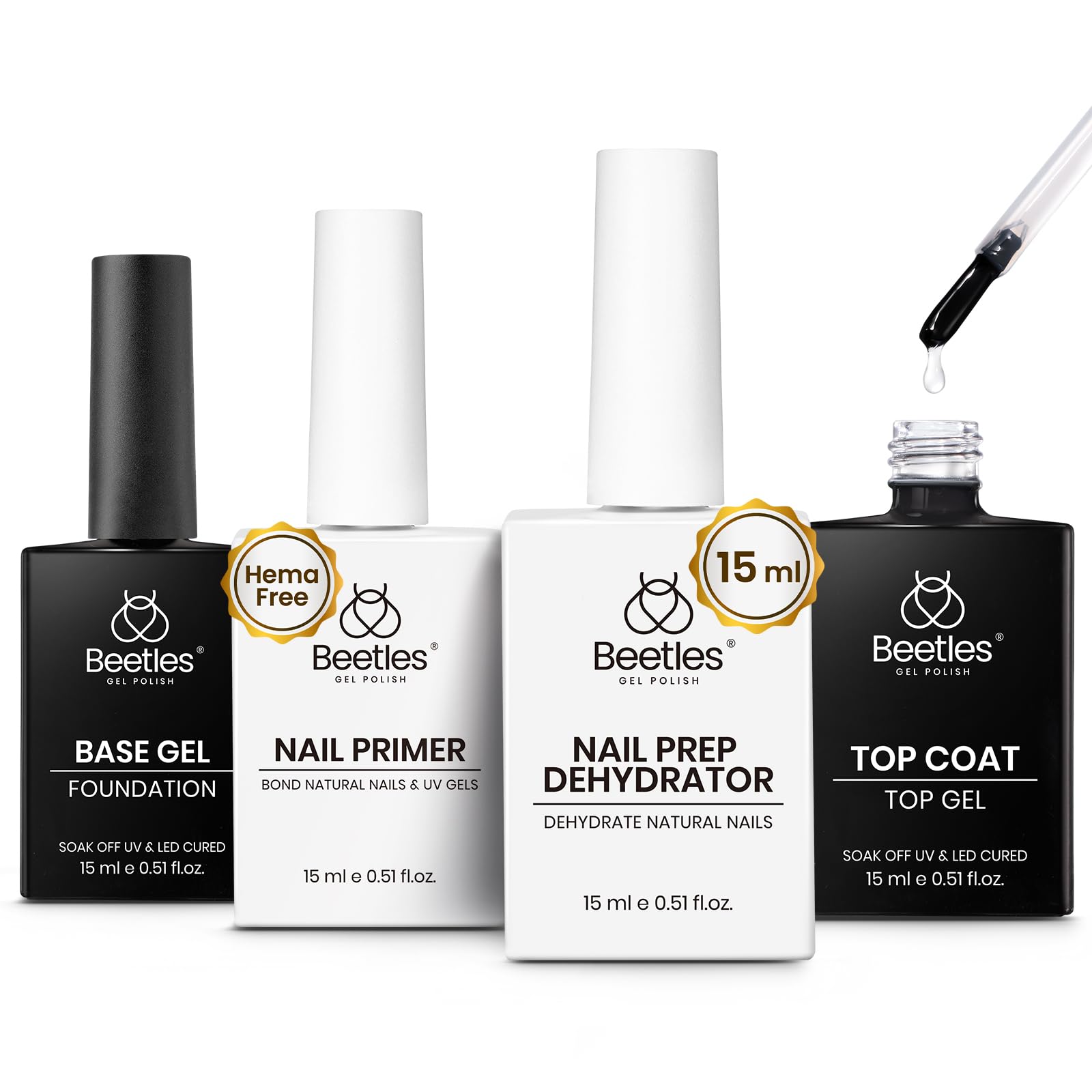Beetles Dehydrator nail-prep bottle demonstrates surface cleaning for strong adhesion.