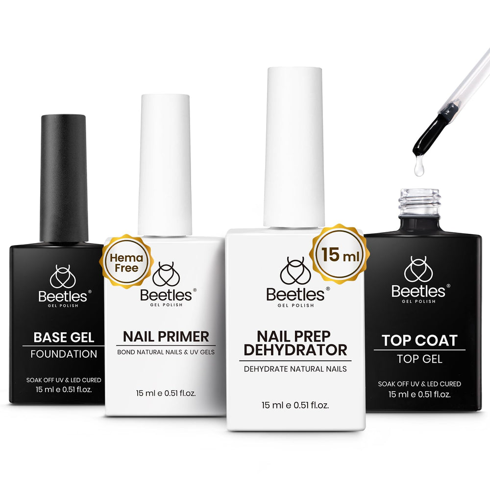 Beetles Dehydrator nail-prep bottle demonstrates surface cleaning for strong adhesion.