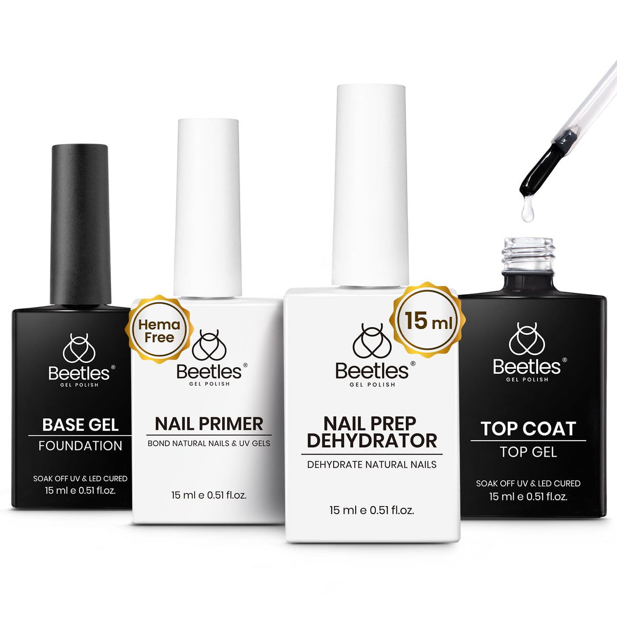 Beetles Dehydrator nail-prep bottle demonstrates surface cleaning for strong adhesion.