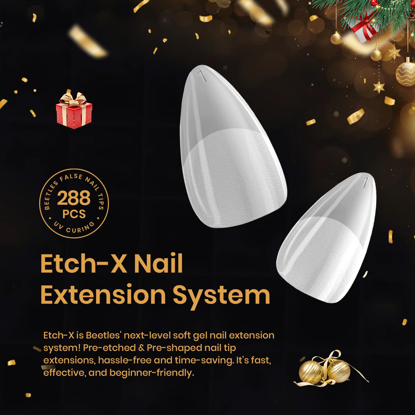 Beetles almond nail tip clear with precision pre-etch for easier shaping.