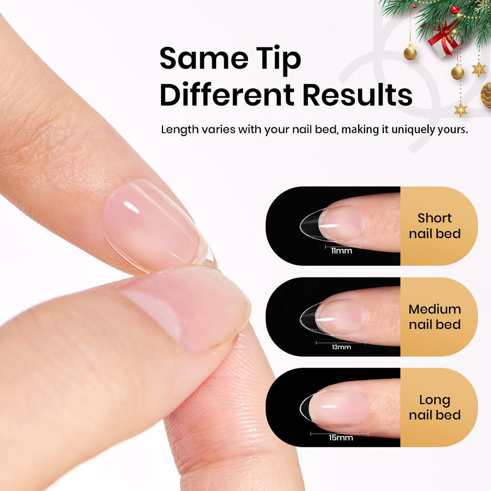 Beetles pre-buff almond tips, no shaping required for quick extensions.