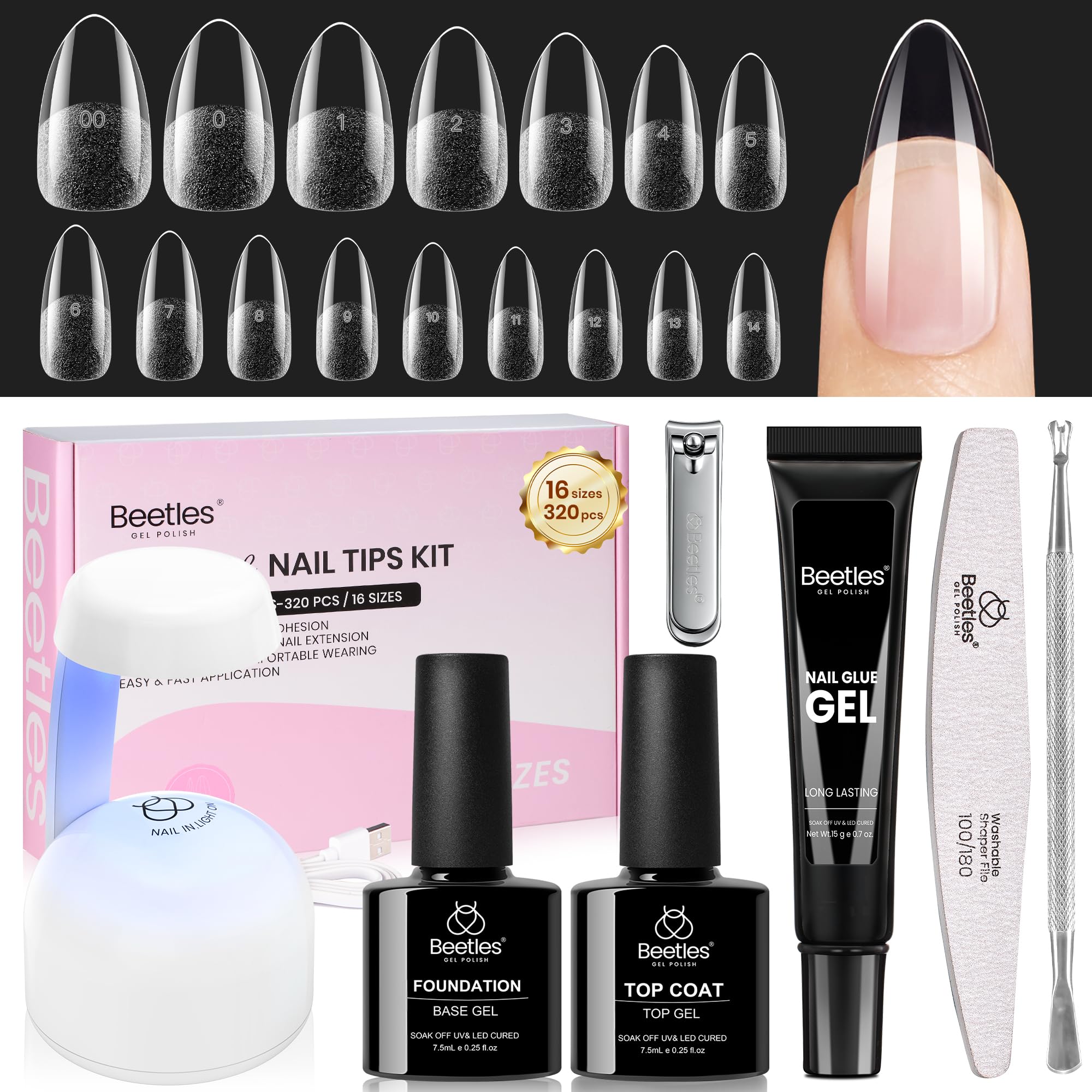 Beetles Flat-X almond nail tips secure fit with even pressure.