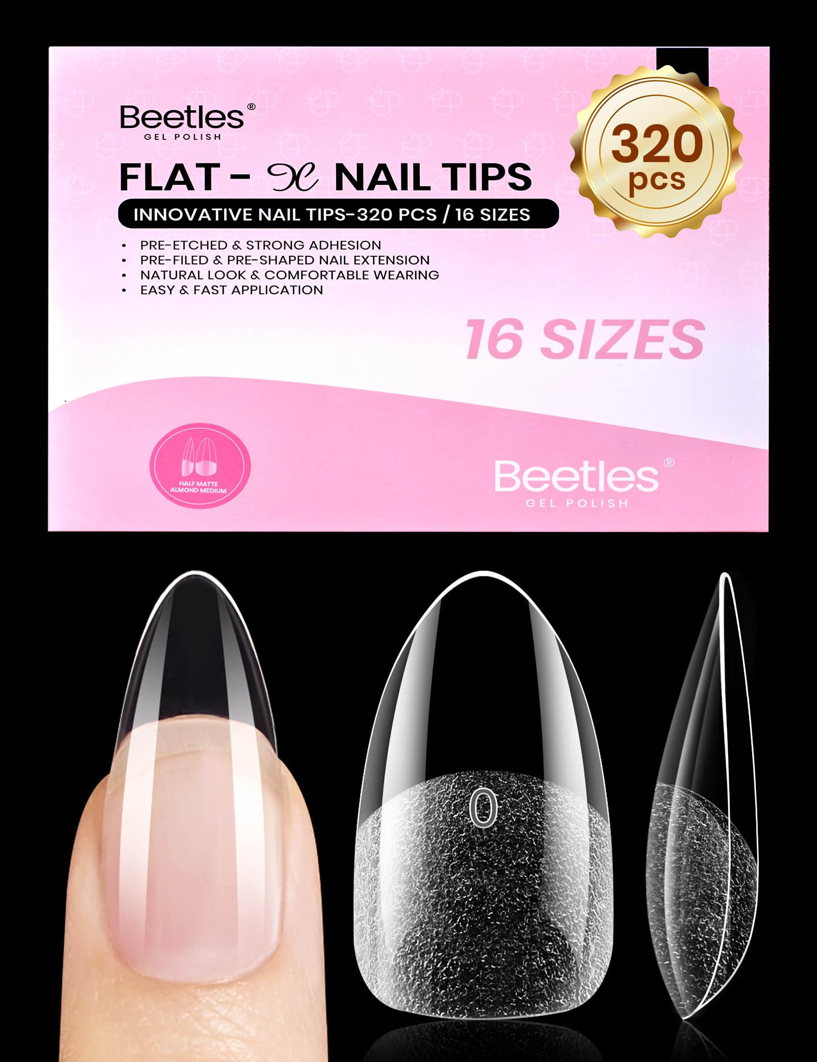 Beetles Flat-X almond nail tips for flush fit and secure at-home manicure.