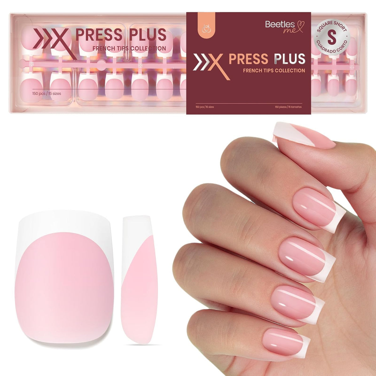 Beetles pink French tips press-on nails for quick salon-style manicure at home.