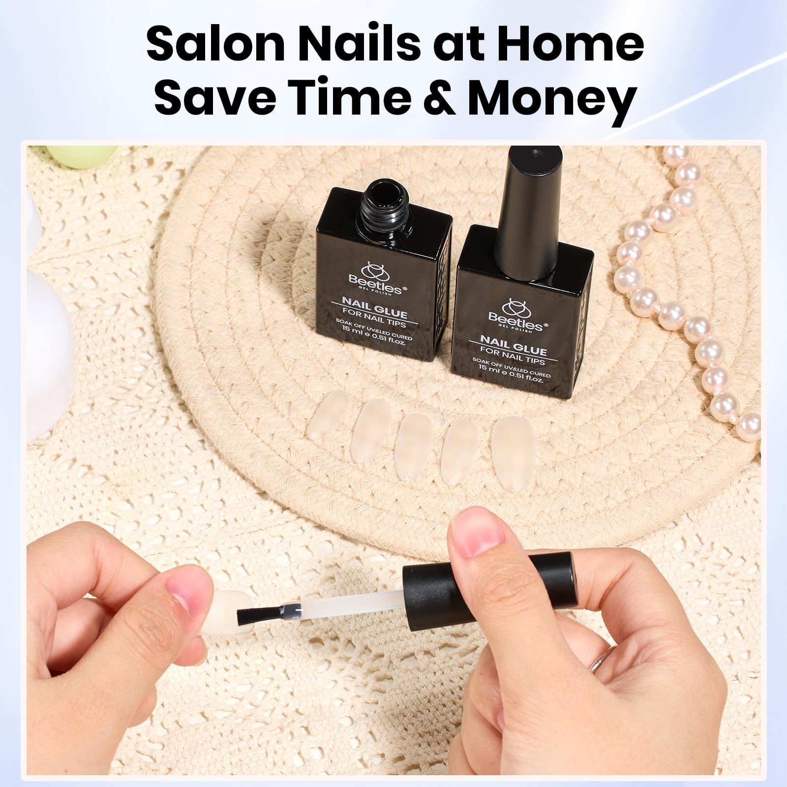Beetles Gel Nail Glue clear formula supports crisp tips and easy blending.