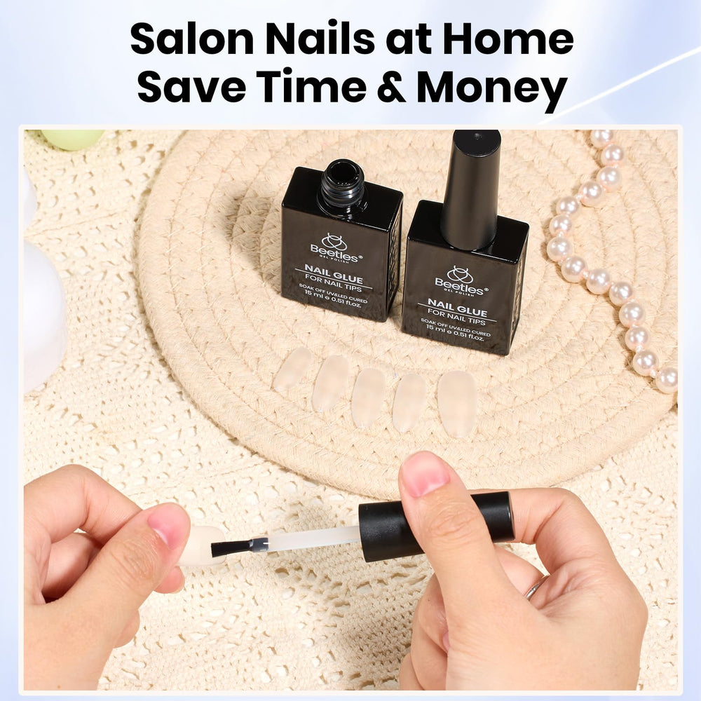 Beetles Gel Nail Glue clear formula supports crisp tips and easy blending.