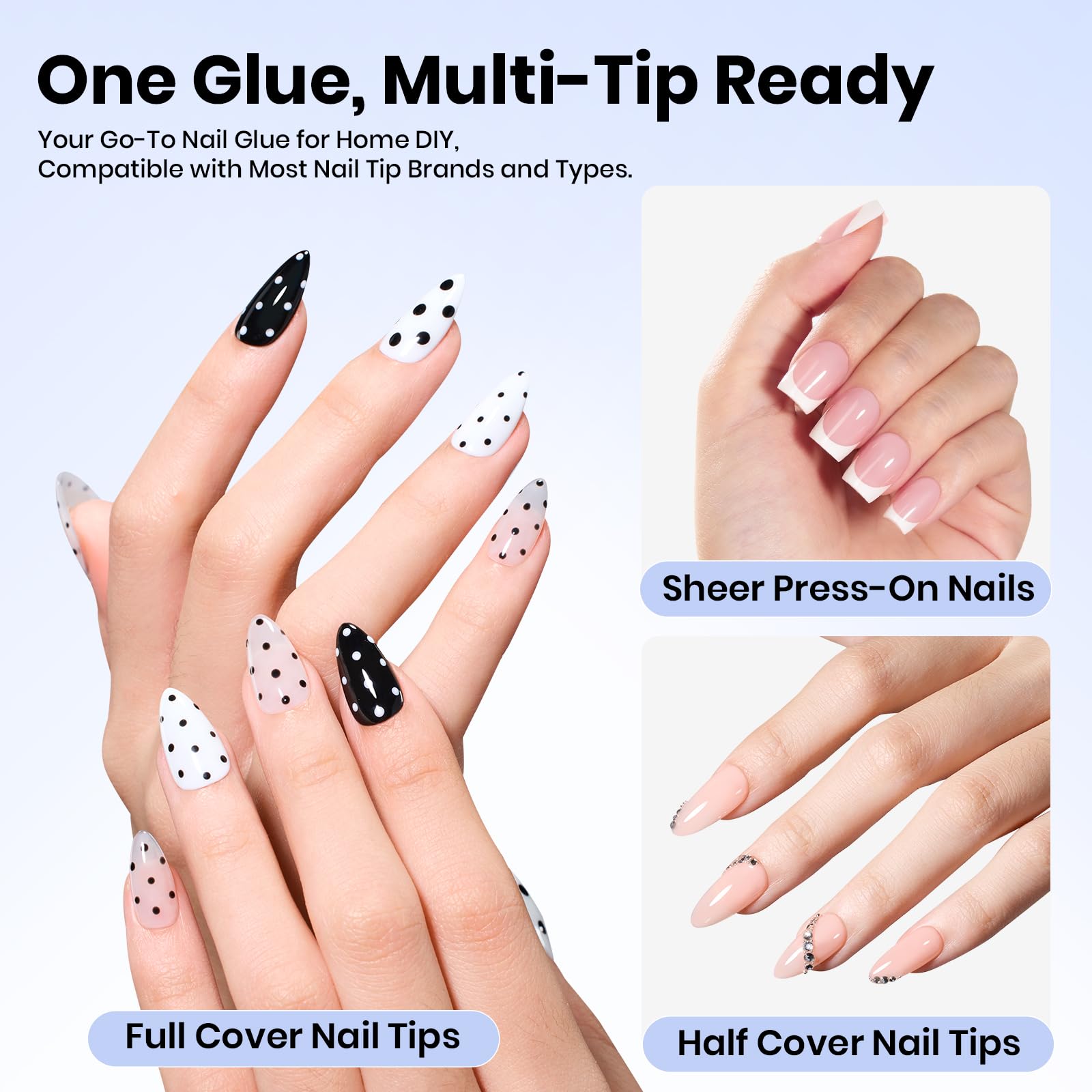 Beetles Gel Nail Glue tip attachment demonstrates precise application for secure tips.