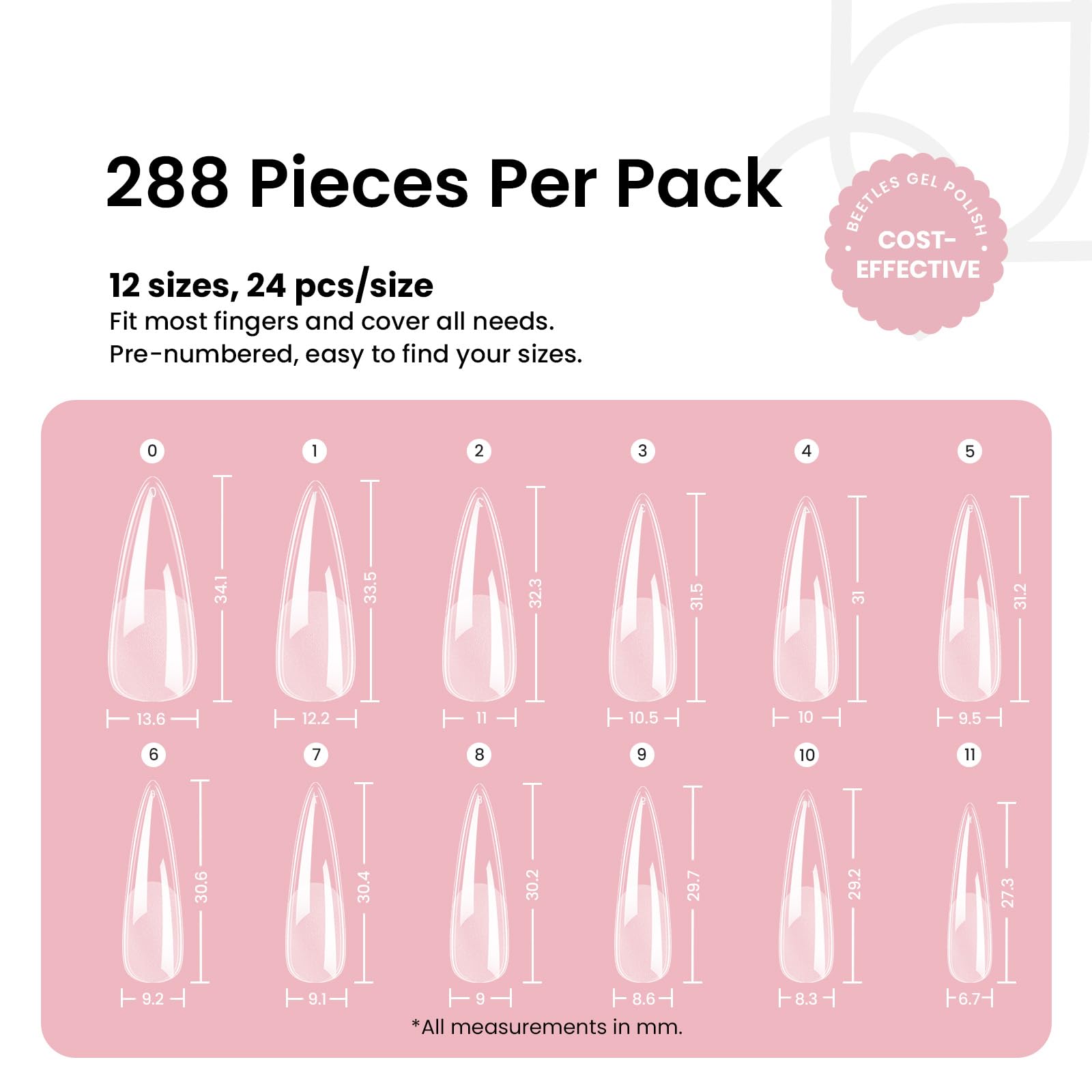 Beetles Etch-X 12 sizes chart helps you find a precise fit.