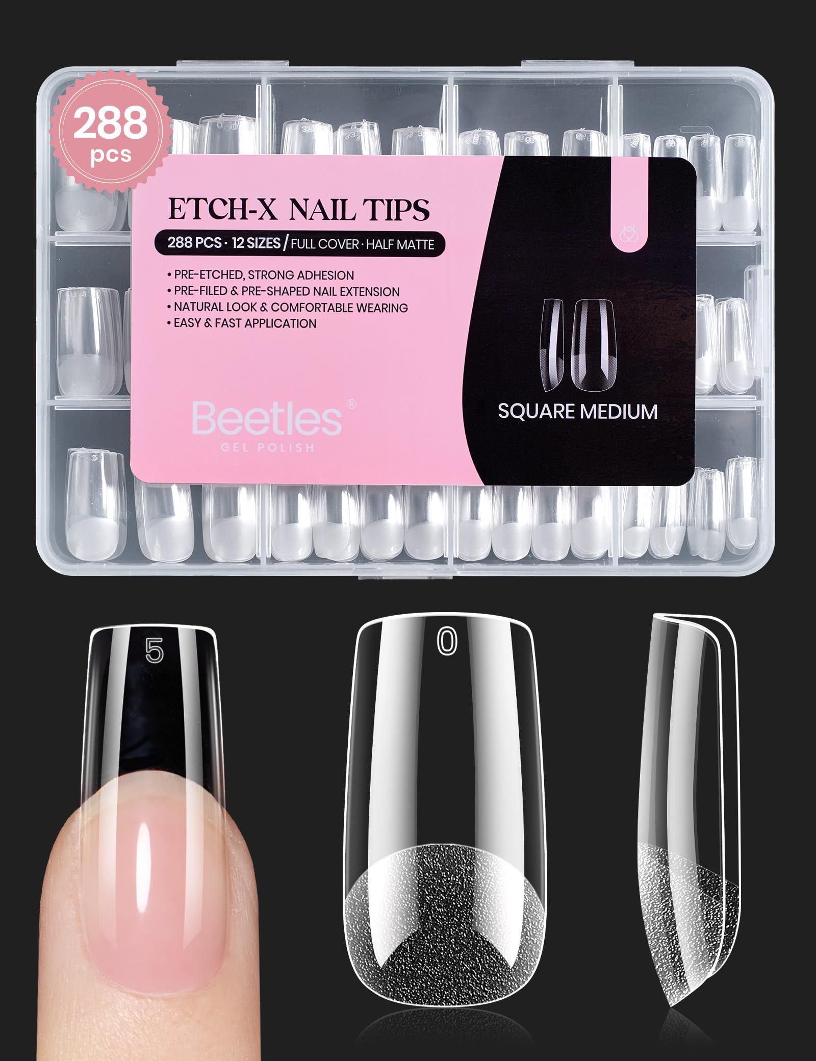 Beetles Etch-X square medium half-matte nail tips close-up for easy DIY extensions.