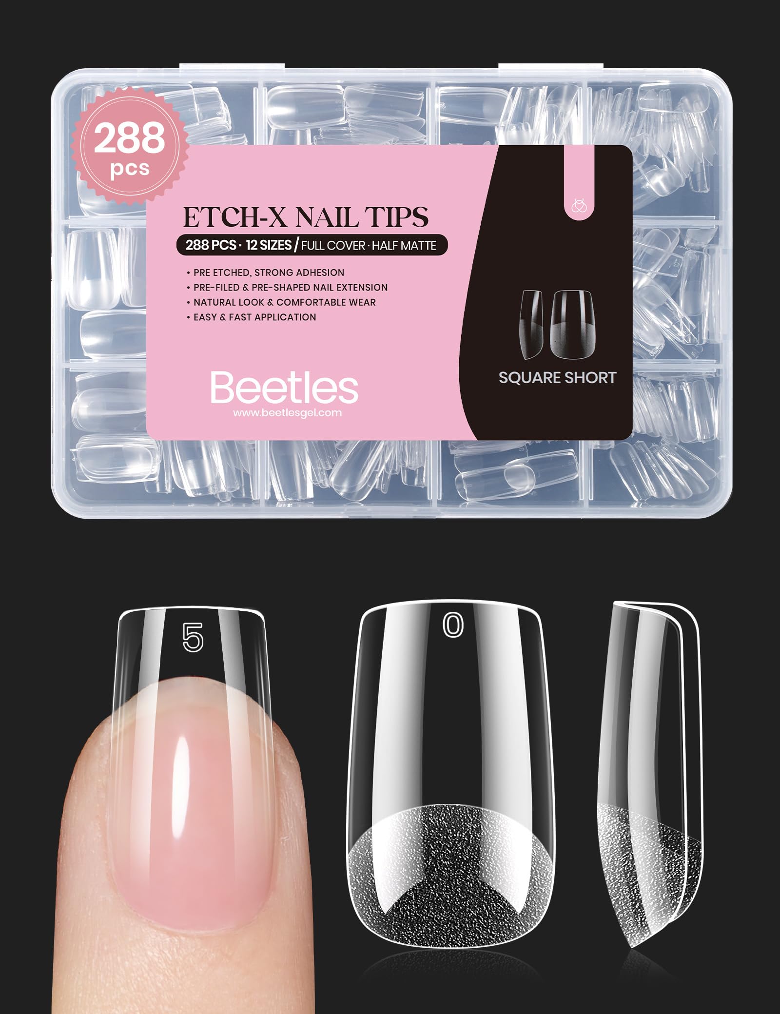 Beetles Gel Nail Tips Etch-X square short offer a snug fit for quick extensions