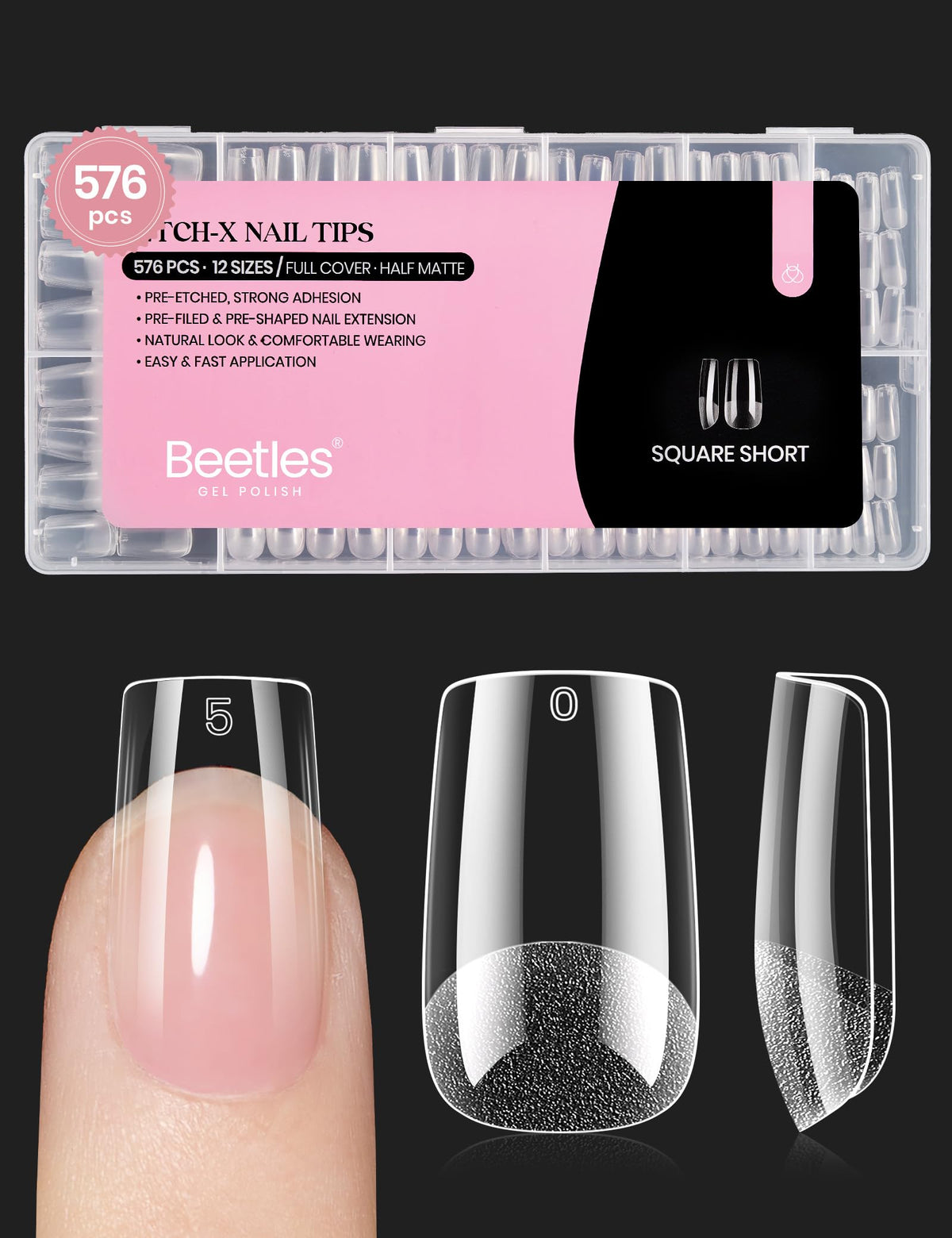 Beetles Gel Nail Tips Etch-X square short full cover in use for durable wear