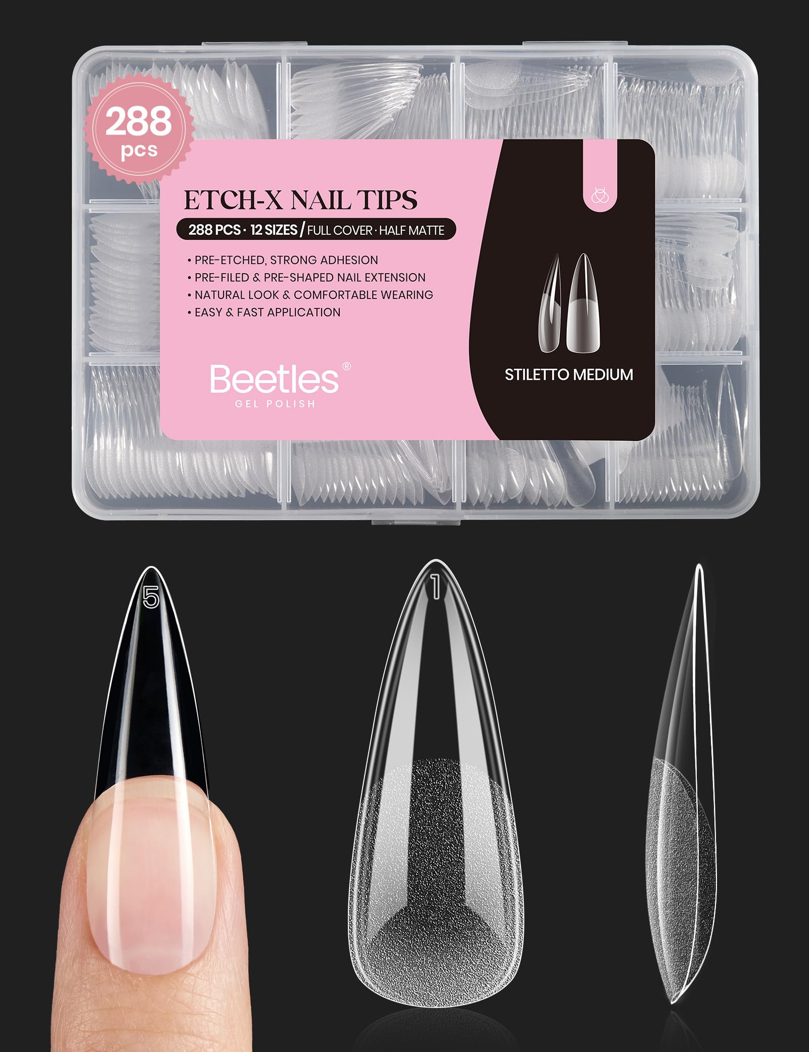 Beetles Etch-X stiletto tips 288 pcs on display for quick extensions.
