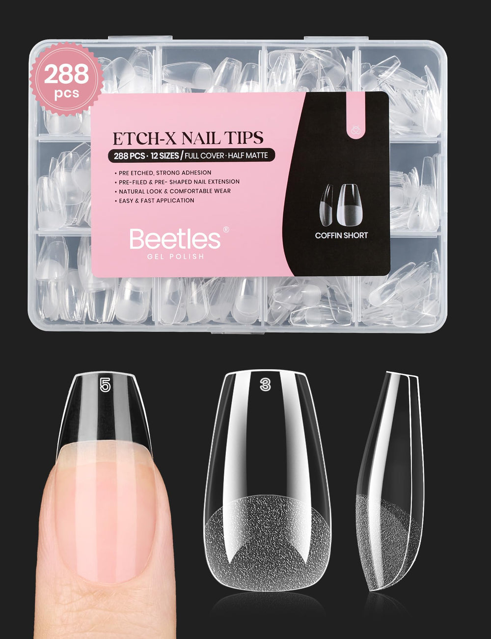 Beetles gel nail tips short coffin pre-etched for quick DIY extensions.