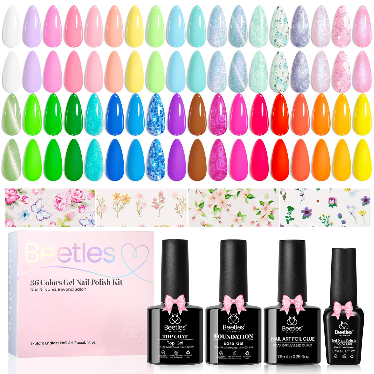 Beetles Gel Polish Kit with 36 pastel colors swatches for versatile nail looks.