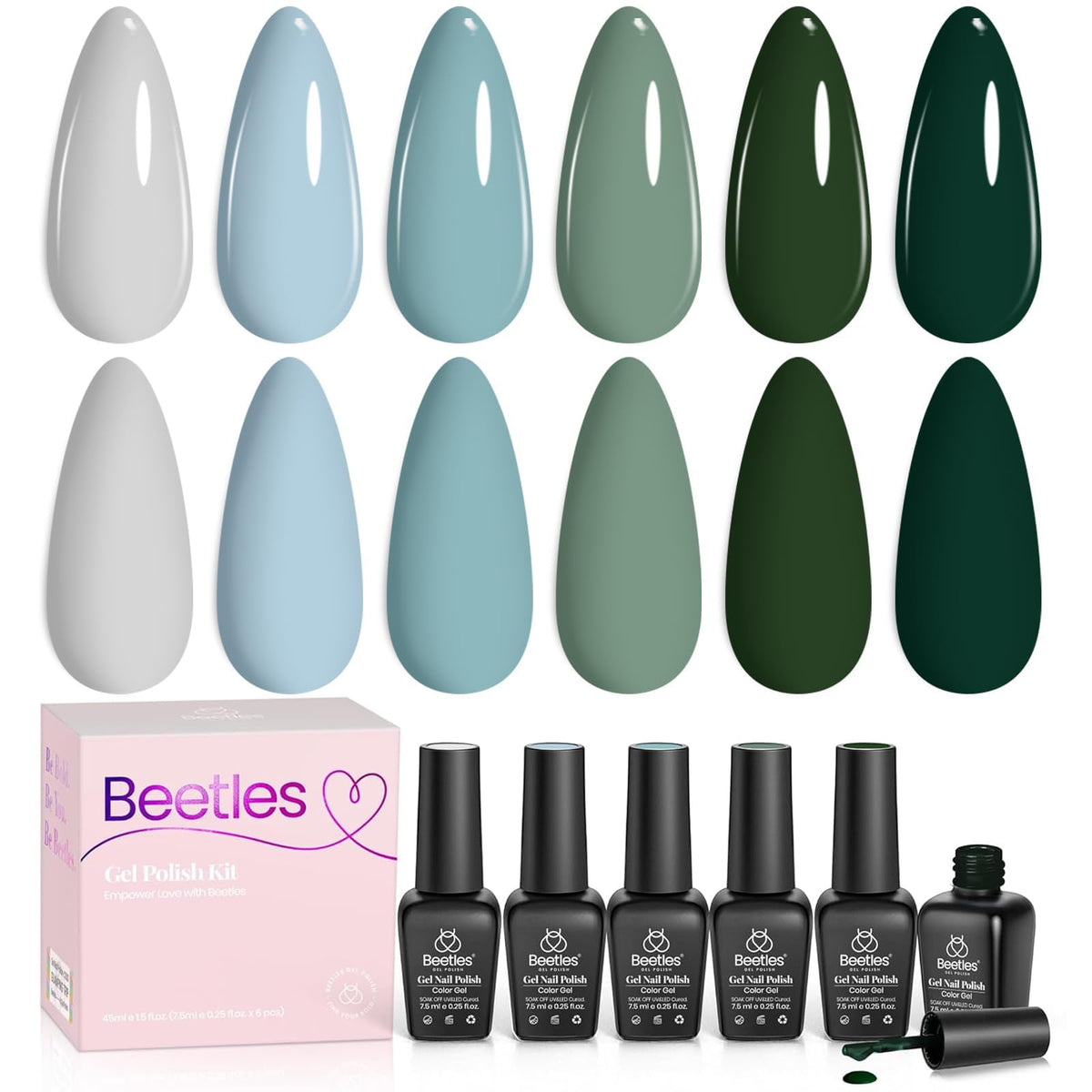 Beetles Green Gel Polish Misty Forest bottle close-up shows color-rich finish for at-home nails