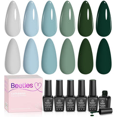 Beetles Green Gel Polish Misty Forest bottle close-up shows color-rich finish for at-home nails