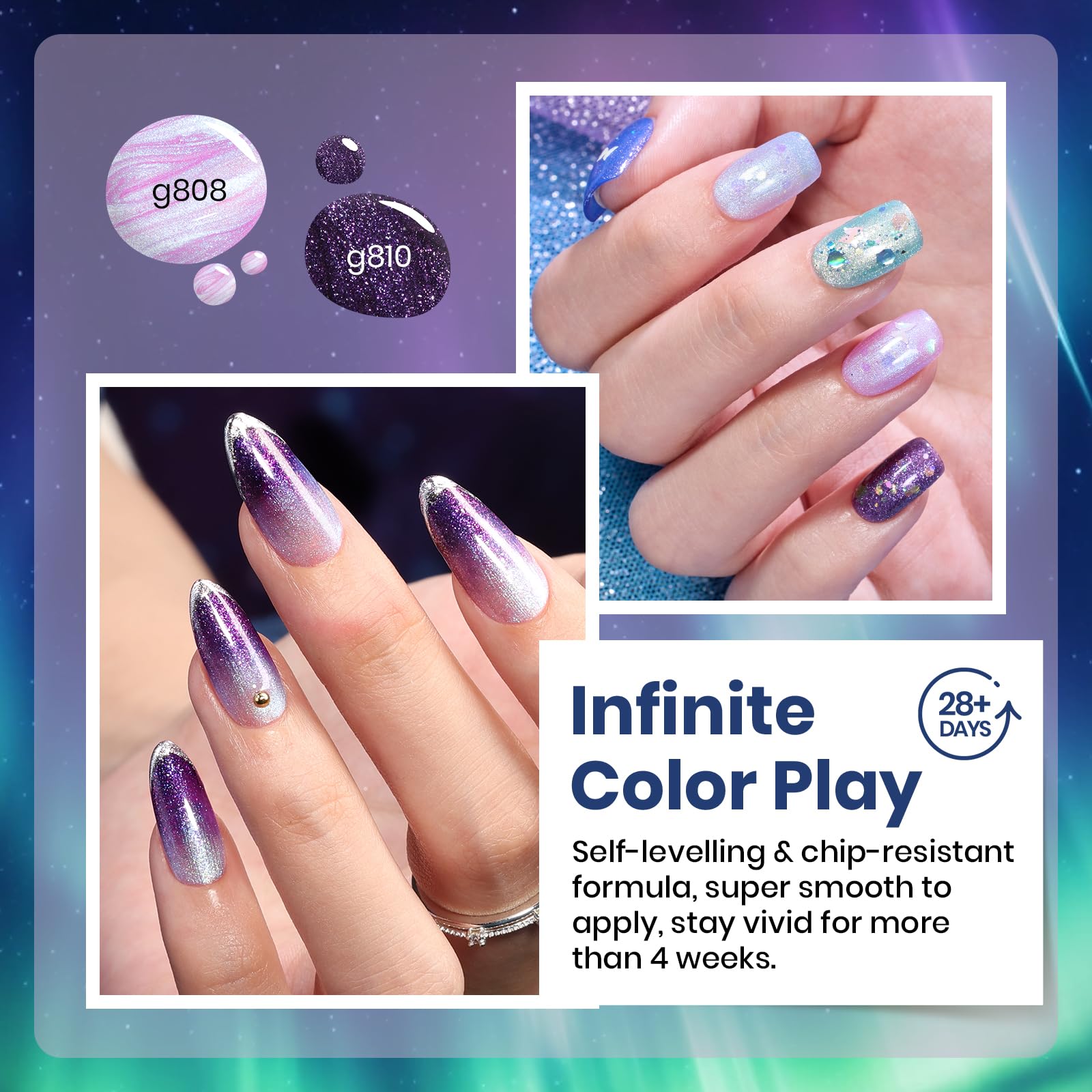 Beetles Kaleido Galaxy UV/LED gel polishes cure to long-lasting shine.