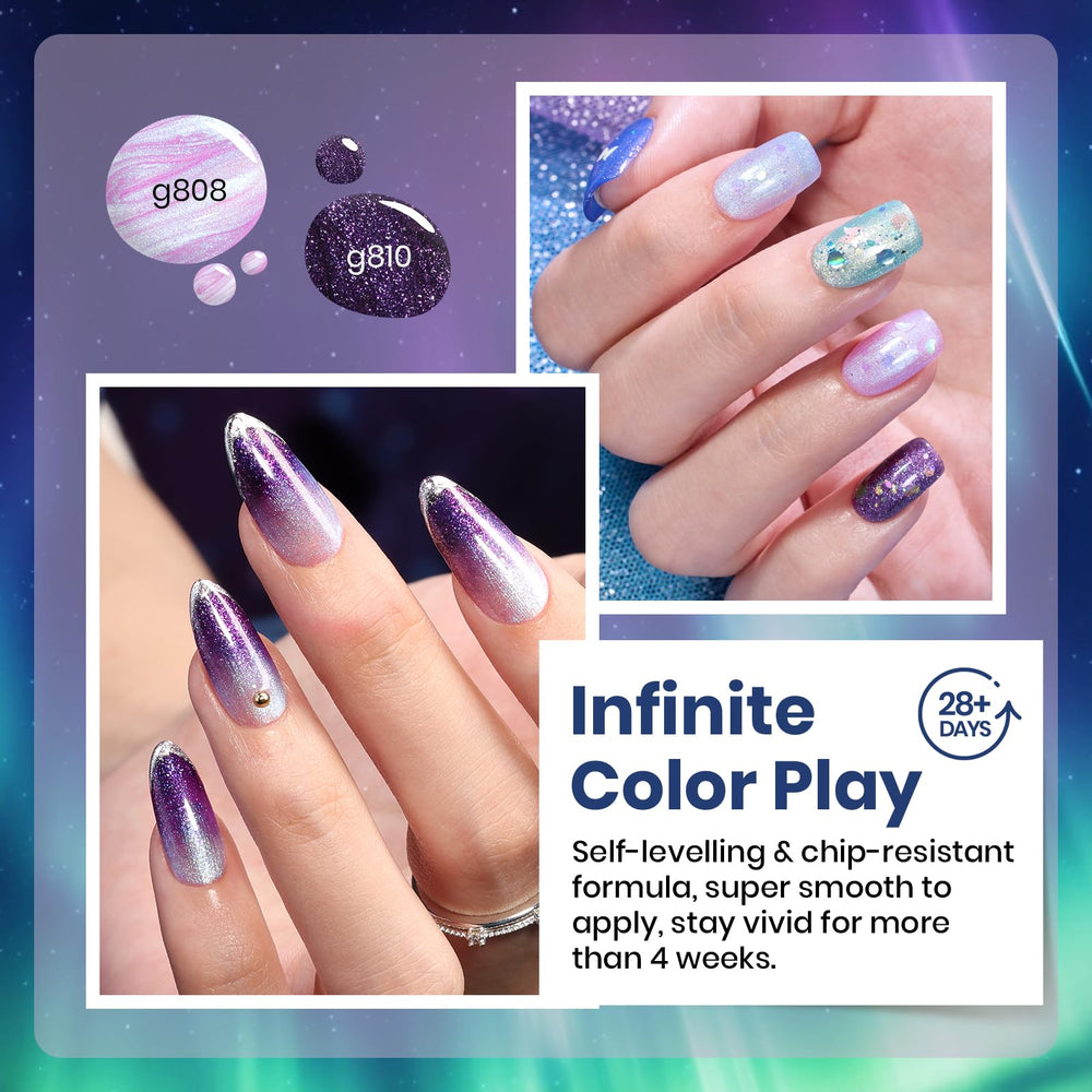 Beetles Kaleido Galaxy UV/LED gel polishes cure to long-lasting shine.