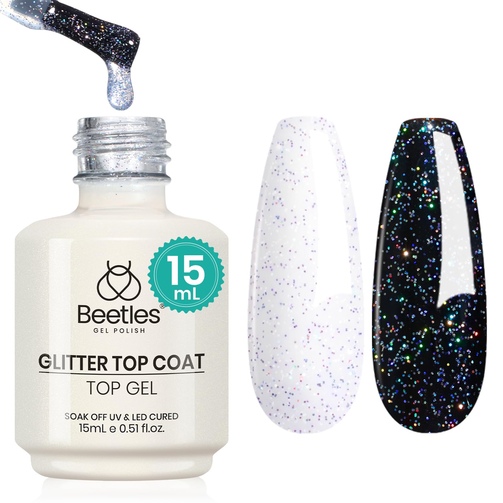 Beetles Glitter Top Coat 15ml reflects silver shine for long-lasting manicure