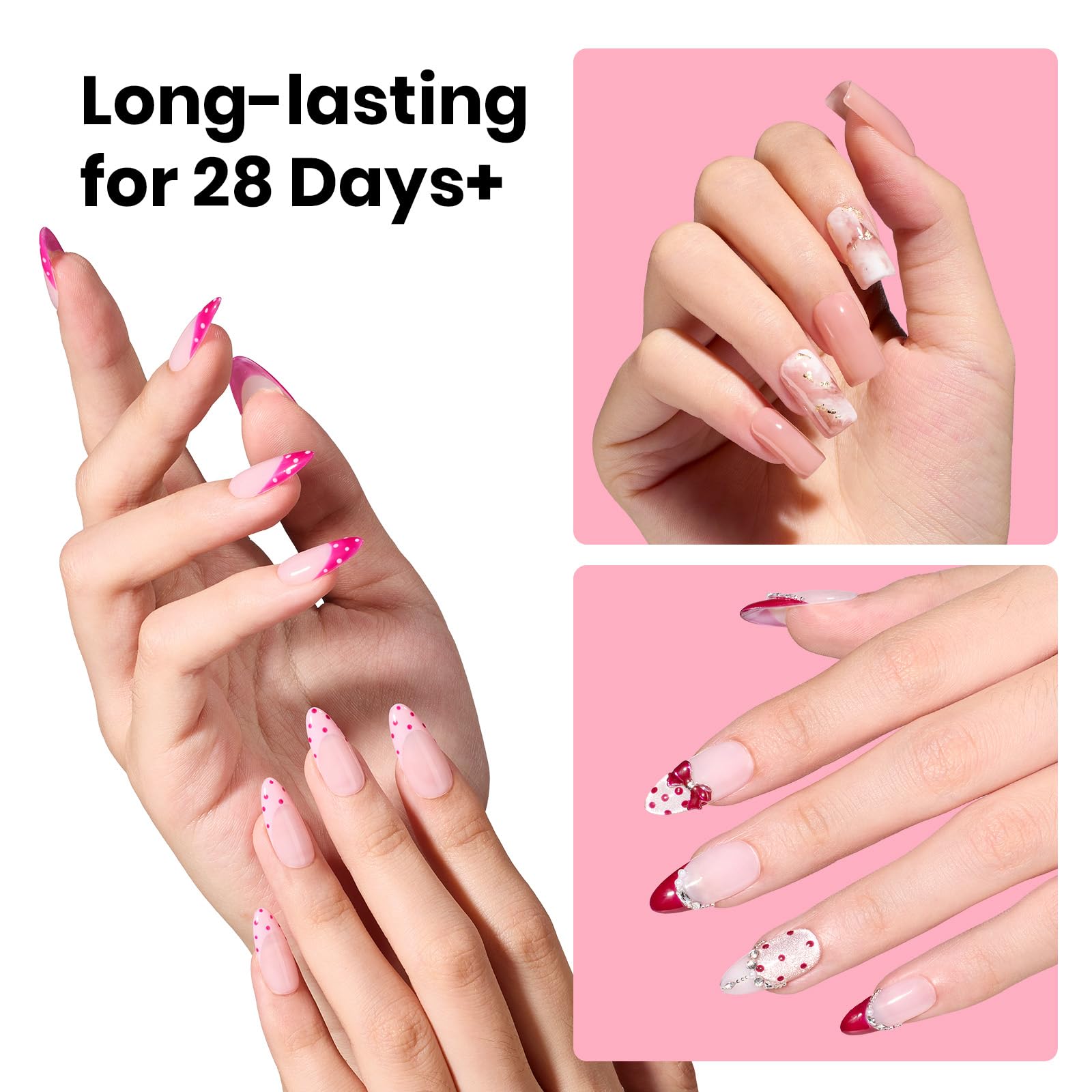 Beetles long-wear gel supports tips for days of wear.