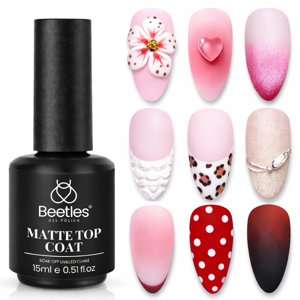 Beetles Matte Top Coat bottle delivers long-lasting matte finish up to 28 days.