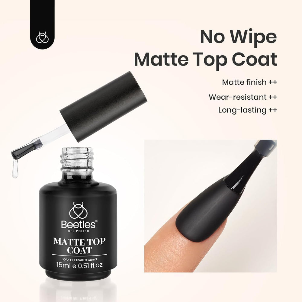 Beetles Matte Top Coat no-wipe image shows chrome powder compatibility.