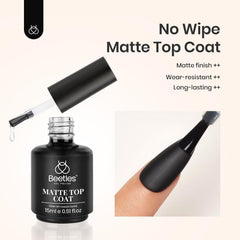 Beetles Matte Top Coat no-wipe image shows chrome powder compatibility.
