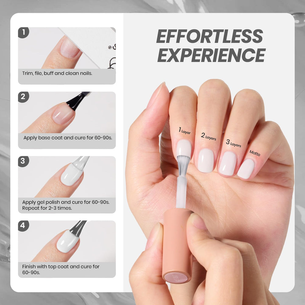 Beetles Milky White gel polish ready for French tips with sheer base.