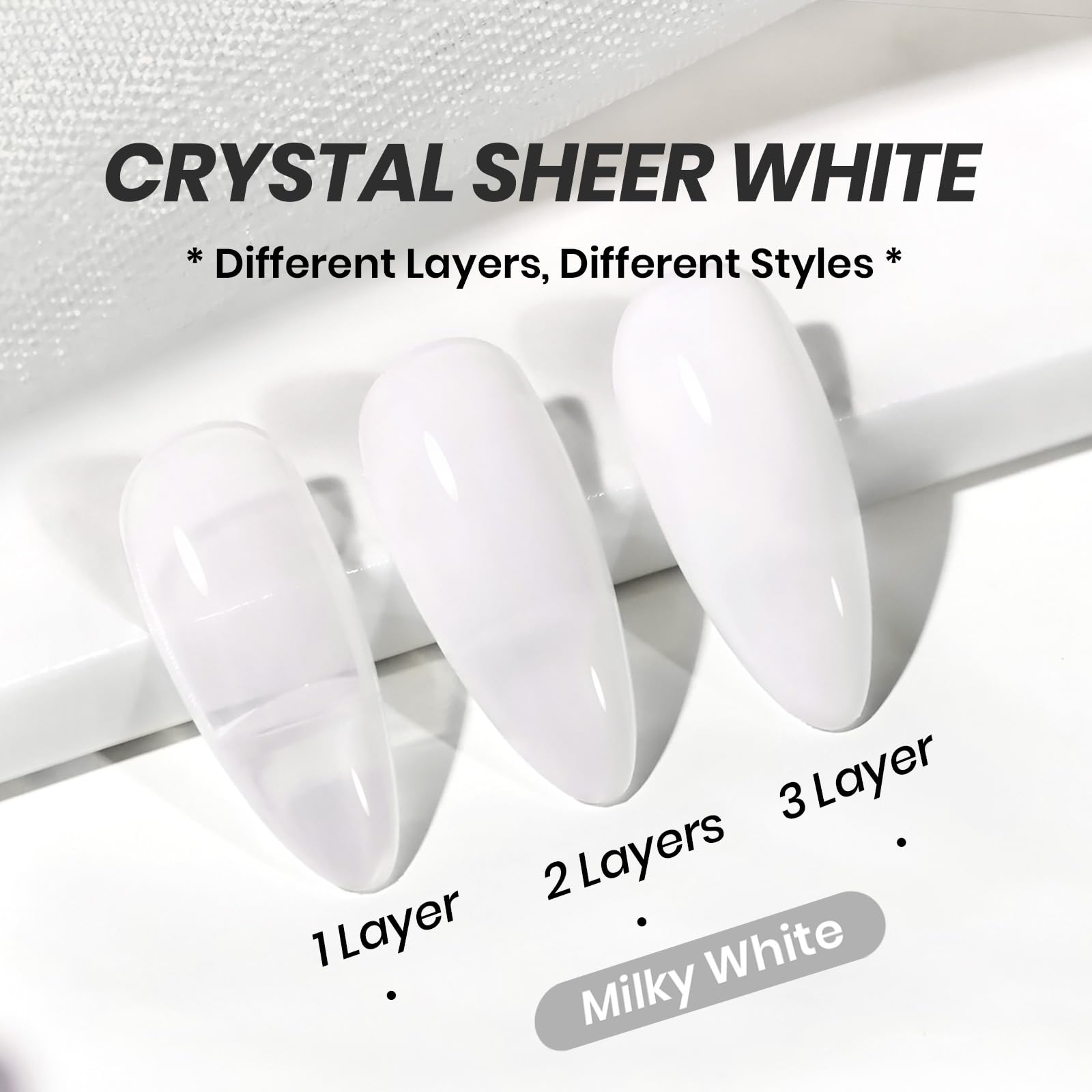 Beetles Milky White gel polish on nails delivers silky, glossy translucent look.