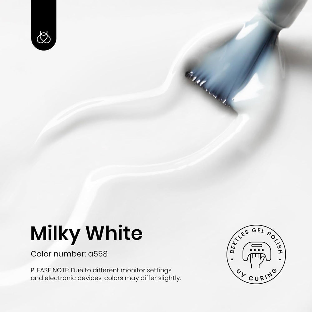 Beetles Milky White gel polish swatches reveal a semi-transparent nude finish.