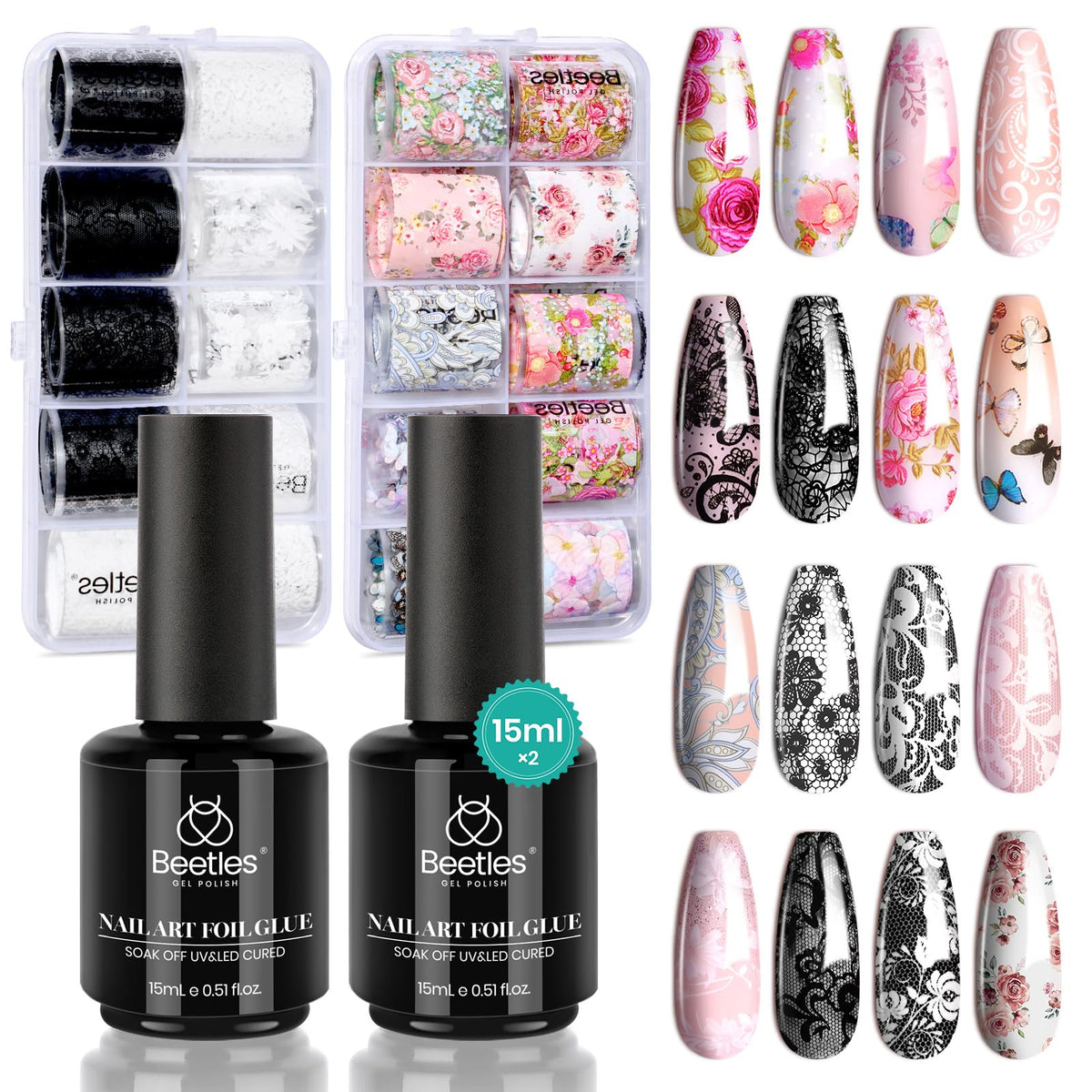 Beetles Nail Foil Glue Gel 2x15ml bottles enable quick foil transfer at home for DIY manicures