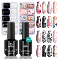 Beetles Nail Foil Glue Gel 2x15ml bottles enable quick foil transfer at home for DIY manicures
