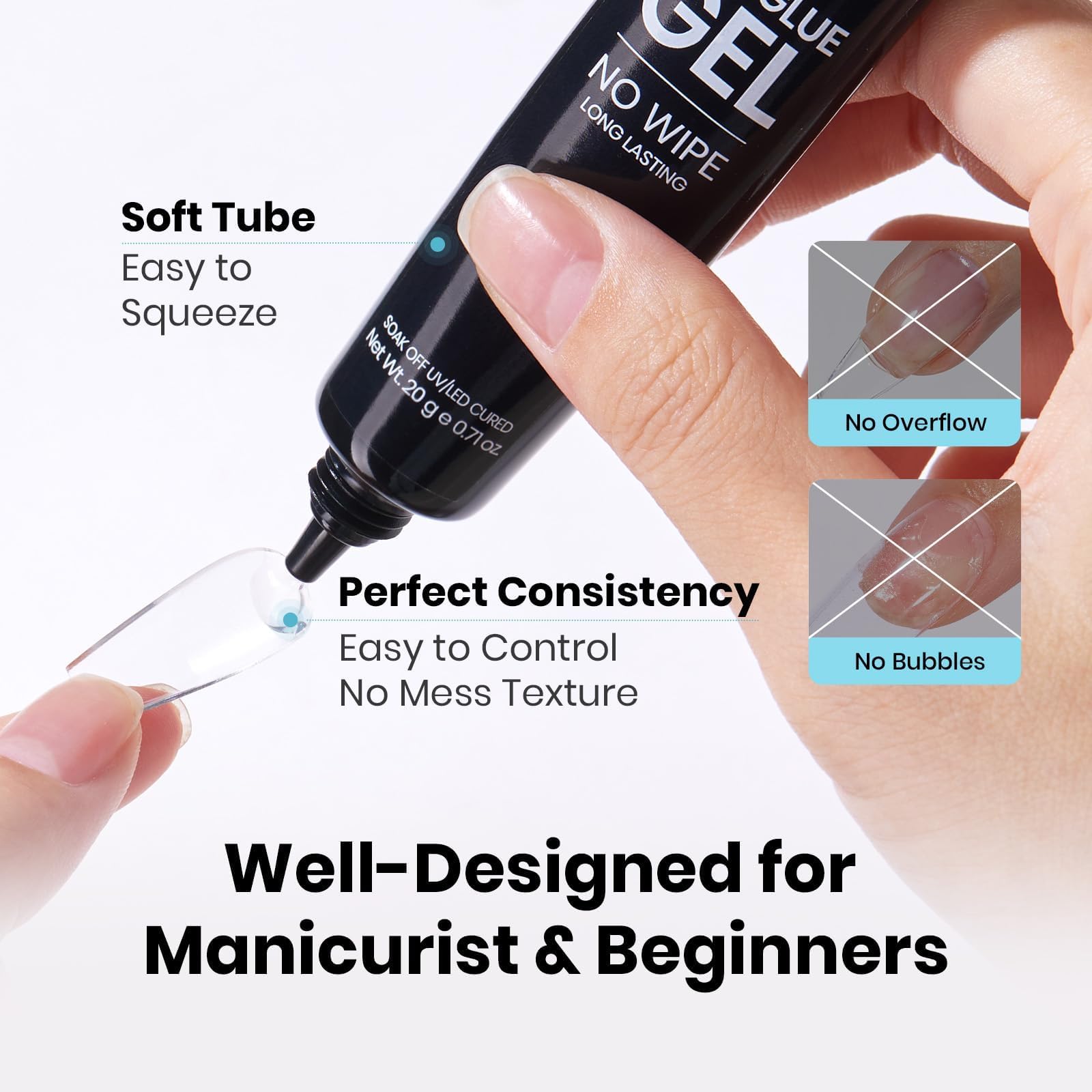 Beetles Soak-Off Ready Glue Gel simplifies removal with smooth wear.