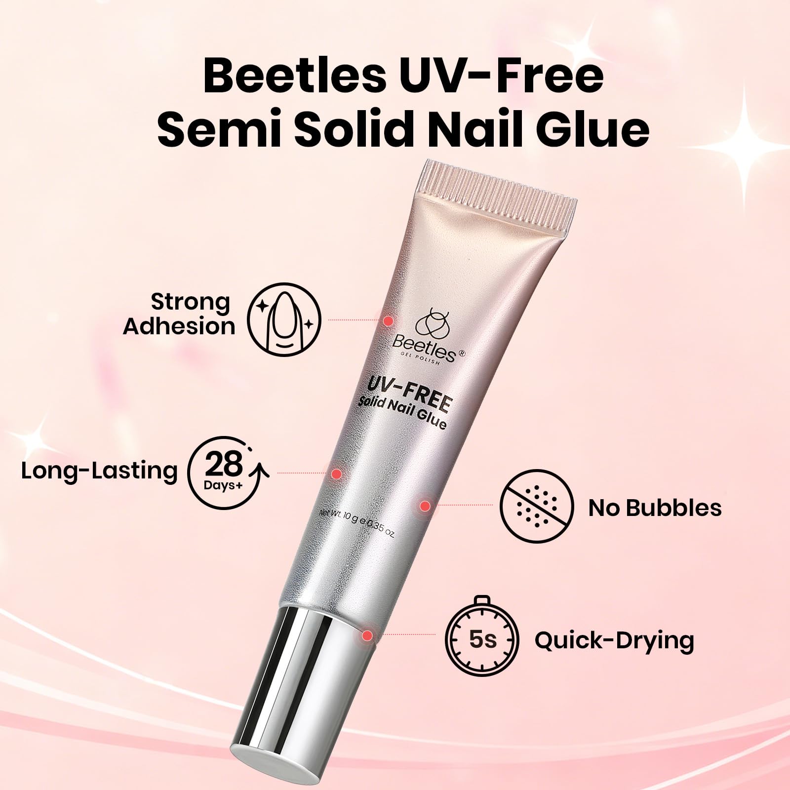 Beetles nail glue quick-set in seconds for efficient at-home manicures.
