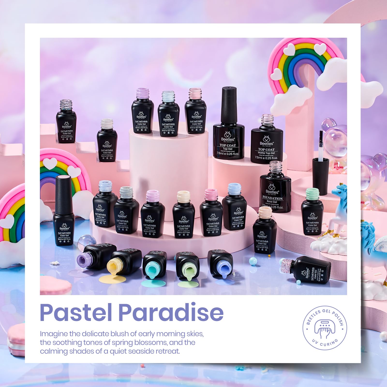 Beetles mini bottle close-up highlighting high pigmentation and smooth coverage.