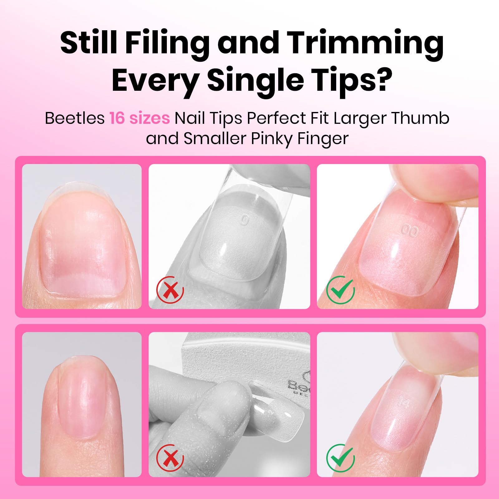 Beetles Nail Tips in sizes 00 to 14 for precise fitting.