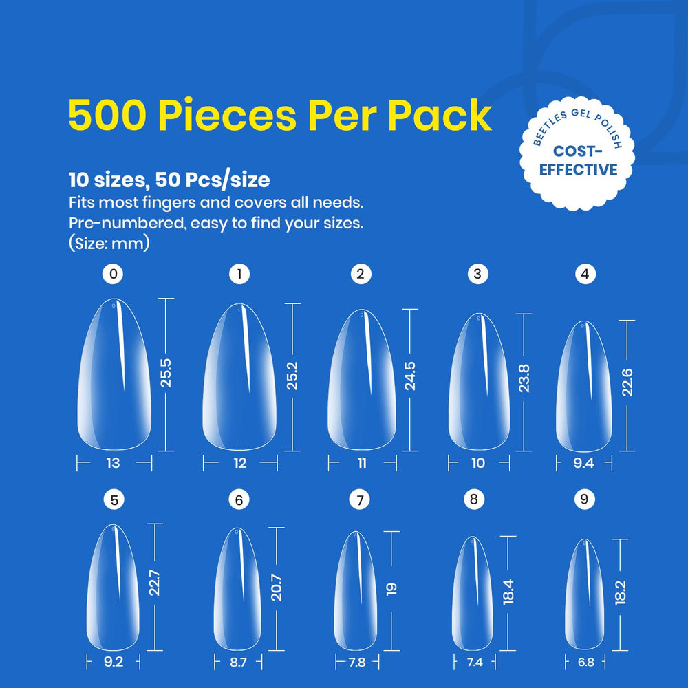 Beetles 500pcs nail tips for versatile sizes and precise finger fit.