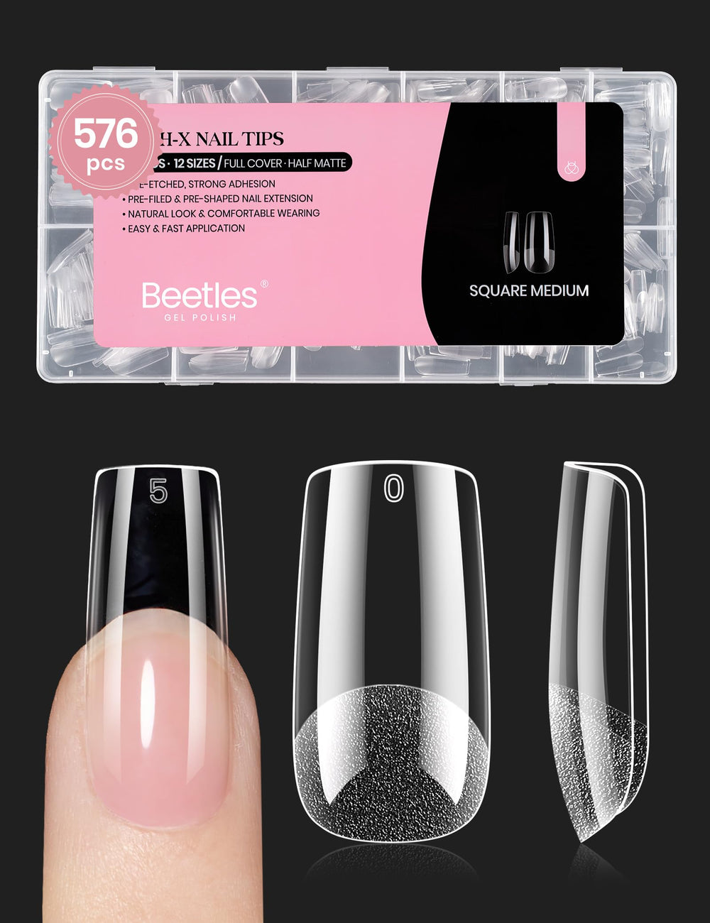 Beetles Nail Tips Medium Square 576pcs for at-home salon results.