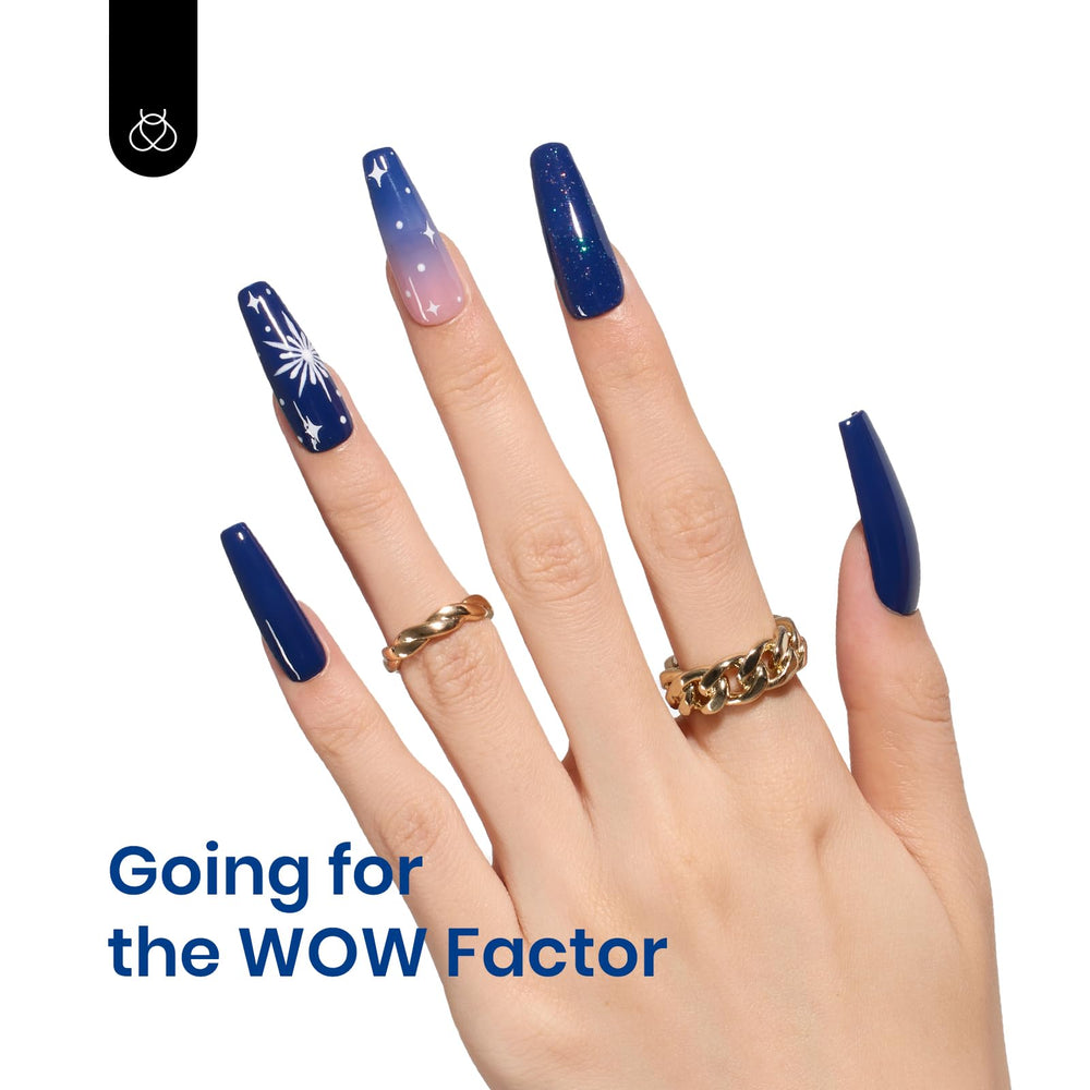 Beetles Navy Blue gel swatches on skin demonstrate rich color payoff.