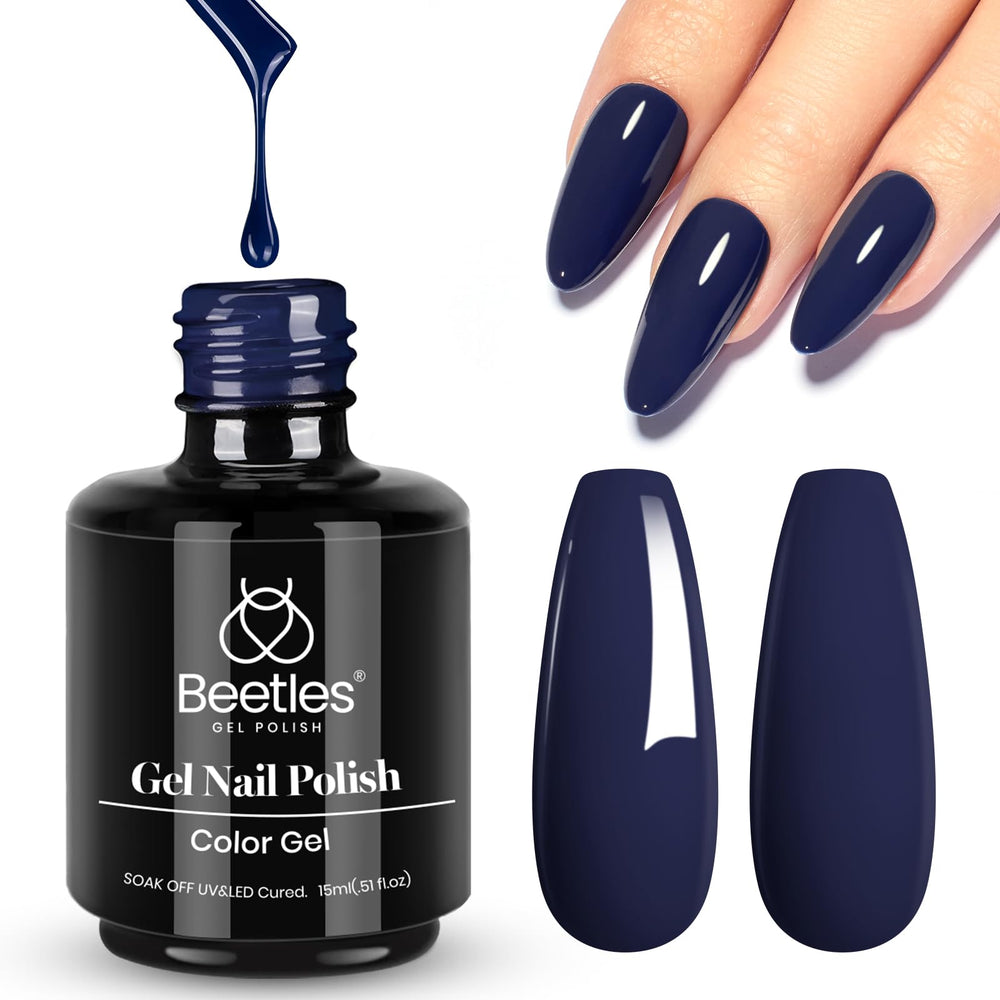 Beetles Navy Blue gel polish finish shine captured in close-up.