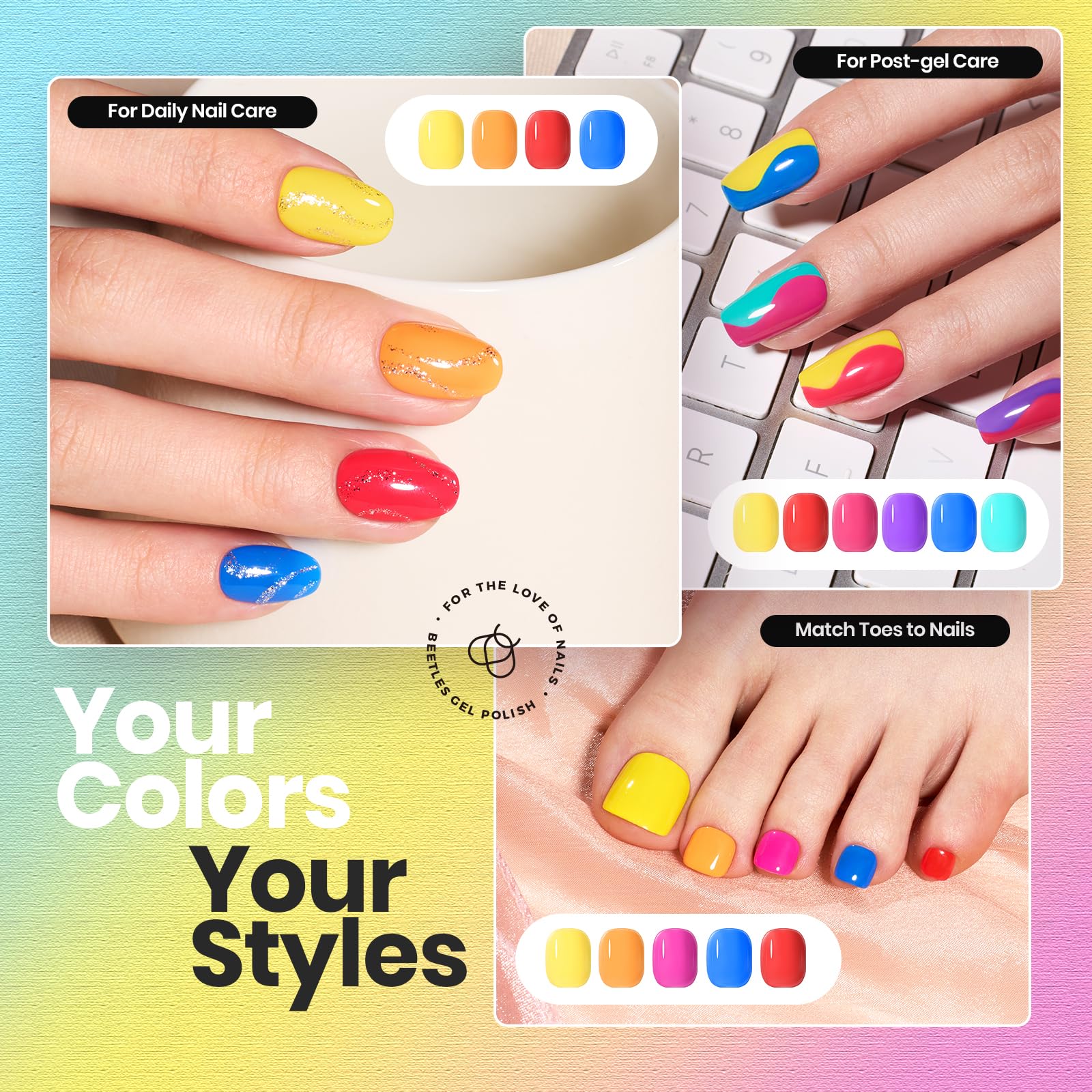 Beetles Neon sunny yellow polish adds cheerful color with quick-dry finish.