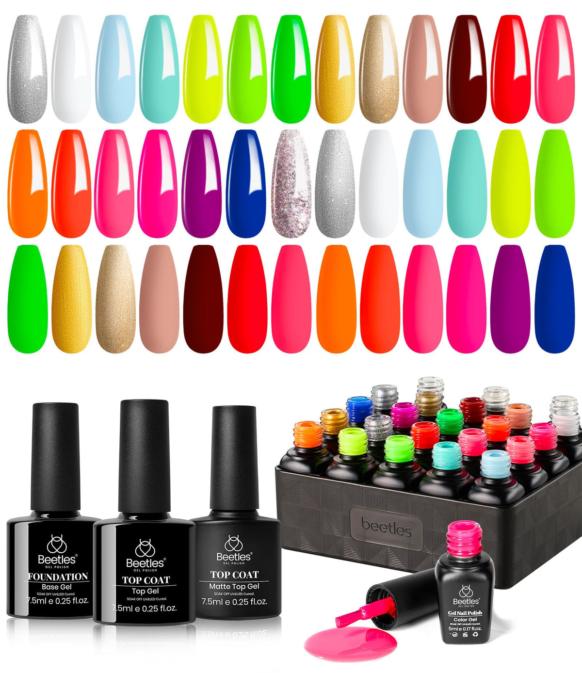 Beetles Gel Polish neon rainbow swatches for vibrant nails.